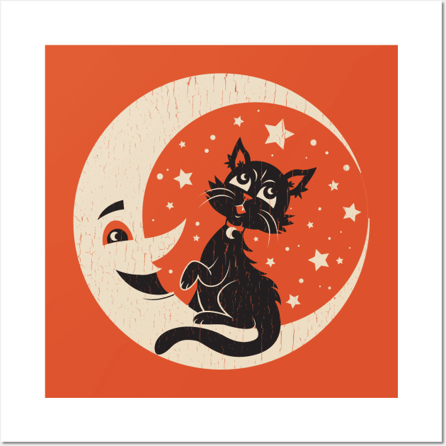 Vintage Halloween Moon Kitty Wall Art by Kappacino Creations